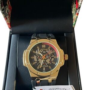 Ed Hardy Gold and Black Skeleton Dial Watch